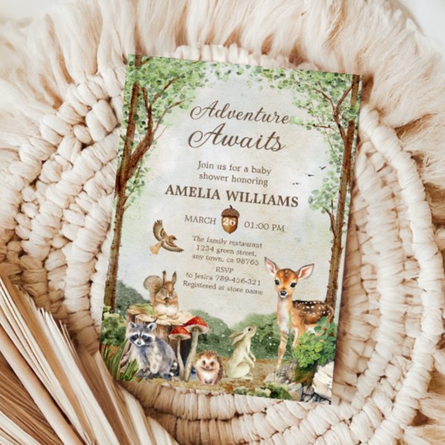 Convites Adventure Awaits Woodland Baby Shower Forest (Criador carregado)