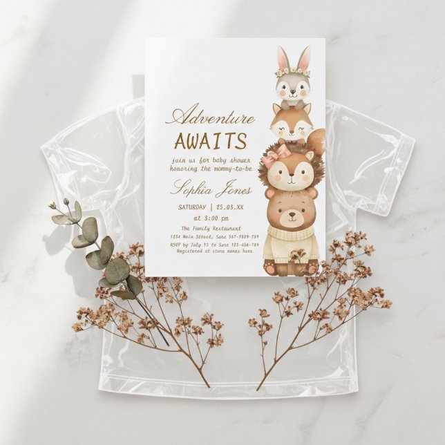 Convites Adventure Awaits Woodland Cute Animals Baby Shower (Criador carregado)