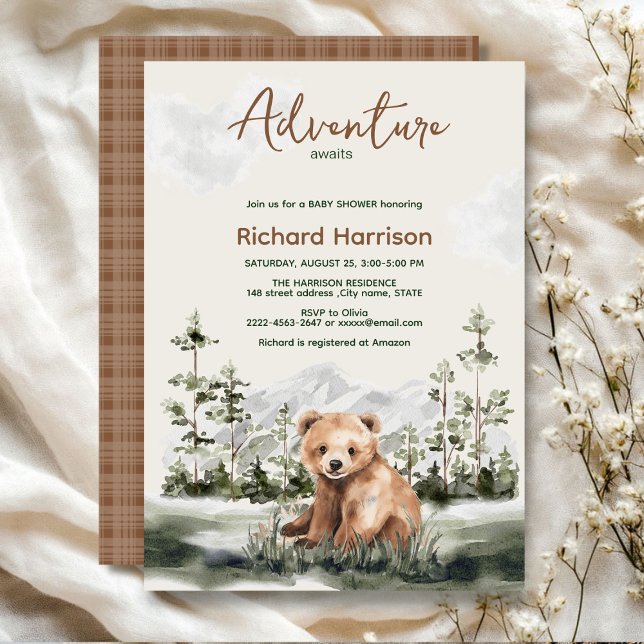 Convites Adventure awaitswatercolor Forest chá de fraldas (Adventure awaits cute watercolor bear, green forest, woodland theme baby shower invitation )