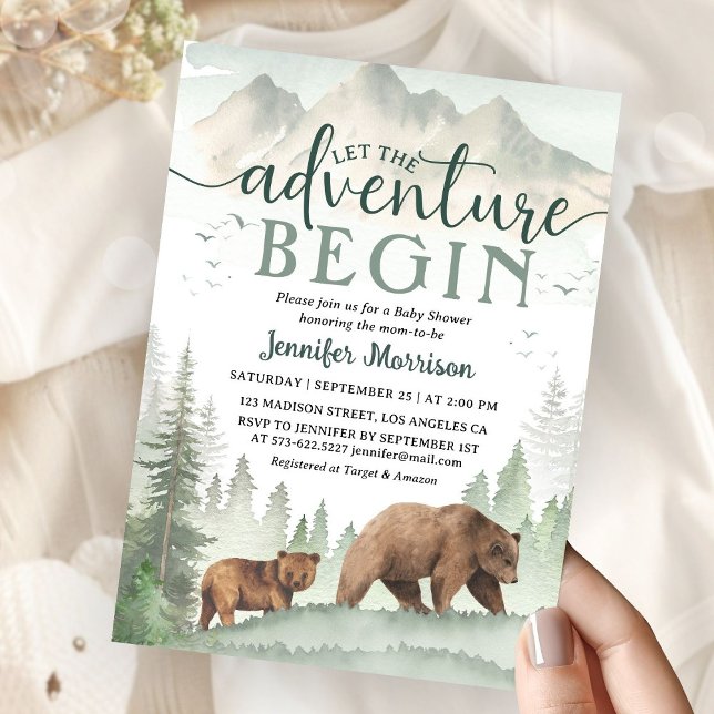 Convites Adventure Begin Baby Shower Bear Woodland Forest (Criador carregado)