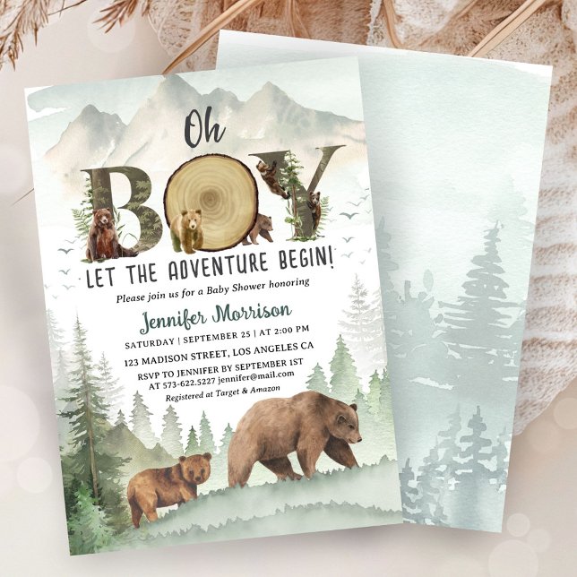 Convites Adventure Begin Bear Boy Baby Shower Woodland  (Criador carregado)