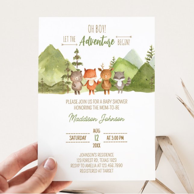 Convites Adventure Begin Forest Mountain Chá de fraldas (Let the Adventure Begin Baby Shower Invitation)