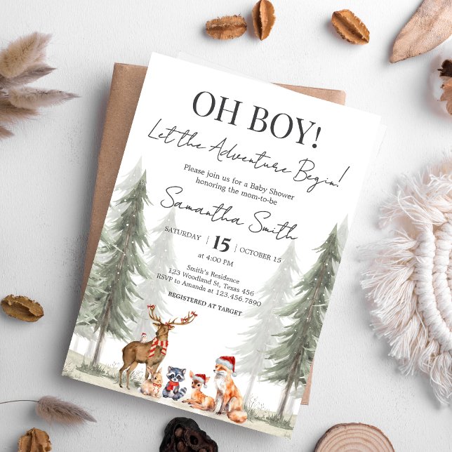 Convites Adventure Begin Winter Woodland Baby Shower (Adventure Awaits Baby Shower Invitation)