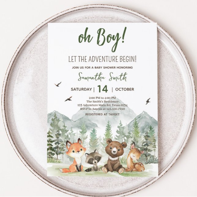 Convites Adventure Begin Woodland Animal Chá de fraldas (Adventure Awaits Baby Shower Invitation)