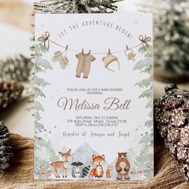 Convites Adventure Begin Woodland Animals Baby Shower (Adventure Begins" Woodland Animals Baby Shower Invitation with adorable woodland creatures like bear)