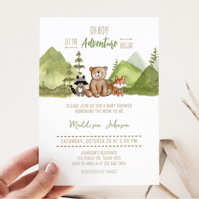 Convites Adventure Begin Woodland Chá de fraldas (Let the Adventure Begin Woodland Baby Shower Invitation)