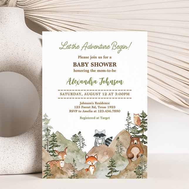 Convites Adventure Begin Woodland Mountain Chá de fraldas (Let the Adventure Begin Baby Shower Invitation)