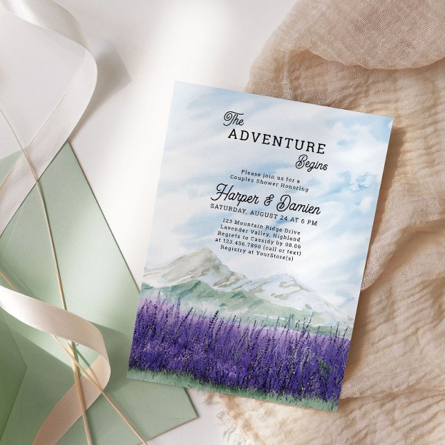 Convites Adventure inicia o Chá de Casais de Lavanda de mon (The Adventure Begins Couples Shower Invitation from my Mountain Lavender Wedding Collection)