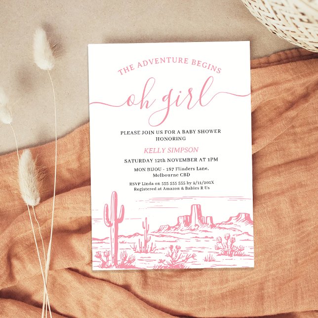 Convites Adventure, Natureza Selvagem Rosa, Começa o Chá de (Pink The Adventure Begins Baby Shower Invitation Girl, Wilderness, Western Desert, Oh Girl Wild West)