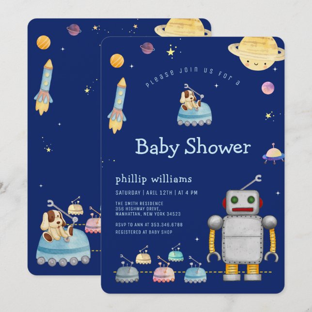 Convites Adventure Toy Robot Boy Outer Space Baby Shower (Frente/Verso)