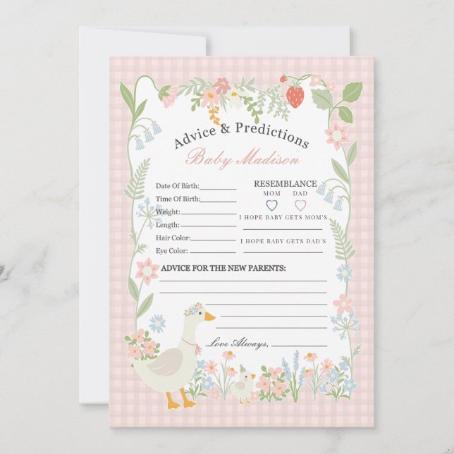 Convites Advertência Floral Gingham para Bebê de Ganso Rosa (Frente)