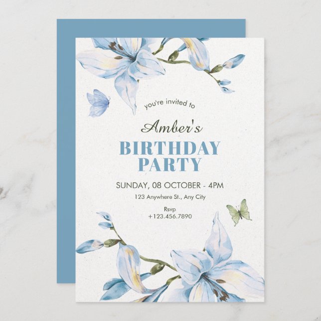 Convites Aesthetic blue flower bloom birthday (Frente/Verso)