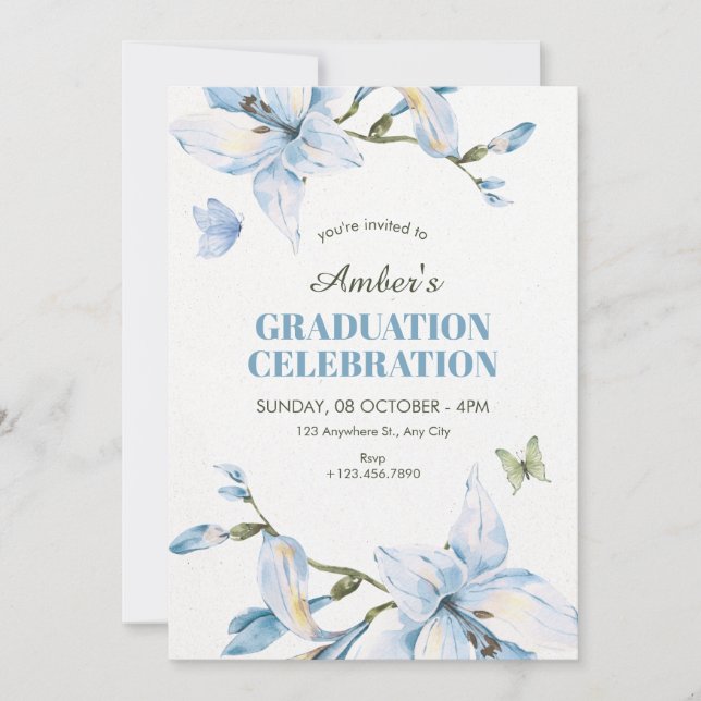 Convites Aesthetic blue flower bloom graduation (Frente)