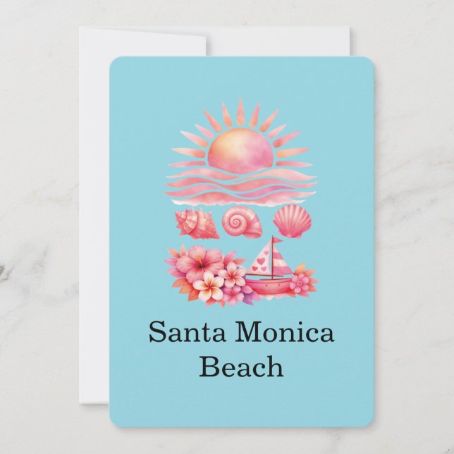Convites Aesthetic Pink Beach Sunset Watercolor (Frente)
