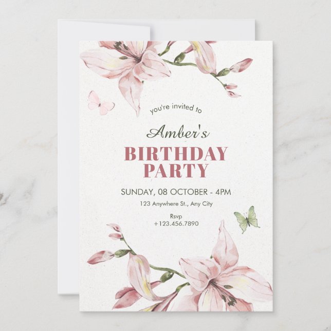 Convites Aesthetic pink flower bloom birthday (Frente)