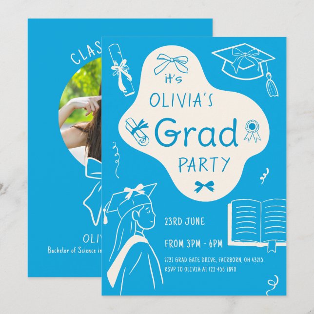 Convites Aesthetic Whimsical Hand Drawn Graduation Party  (Frente/Verso)