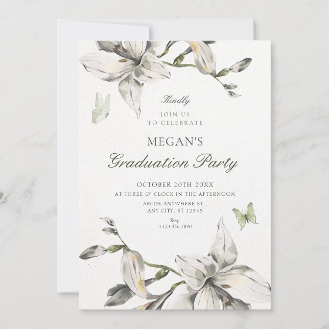 Convites Aesthetic white grey flower bloom graduation (Frente)