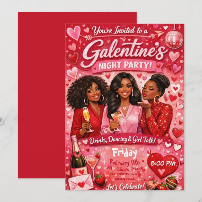 Convites African American Galentine's Night Friends Party (Frente/Verso)