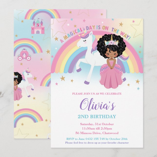Convites African Princess Unicorn Birthday Party Rainbow (Frente/Verso)