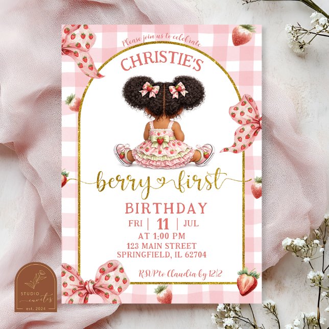 Convites afro african Girl Pink Bow strawberry berry first  (Criador carregado)