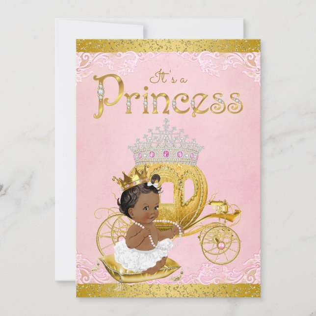 Convites Afro-Americano Rosa Dourado Princesa Chá de Bebê (Frente)