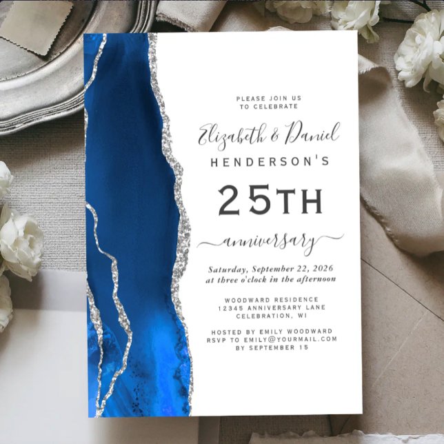 Convites Ágata Azul Real Prata 25º Aniversário (Criador carregado)