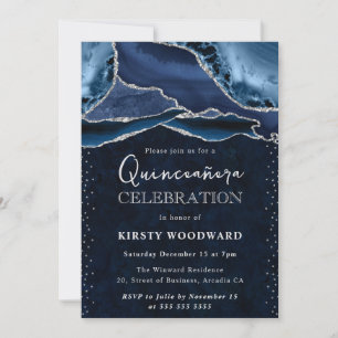 Convites Ágata Brilhante Azul e Prata Quinceanera
