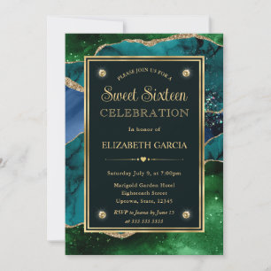 Convites Ágata Brilhante Azul-Verde e Dourado Sweet Sixteen