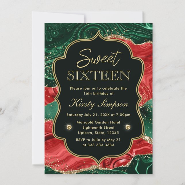 Convites Ágata de Natal Mármore e Glitter Dourado Sweet 16 (Frente)