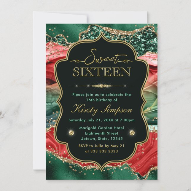 Convites Ágata de Natal Mármore e Glitter Dourado Sweet 16 (Frente)