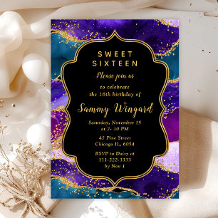 Convites Ágata de Pavão Roxo e Azul Sweet Sixteen