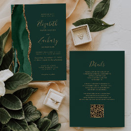 Convites Ágata Dourada Esmeralda Verde Código QR Casamento