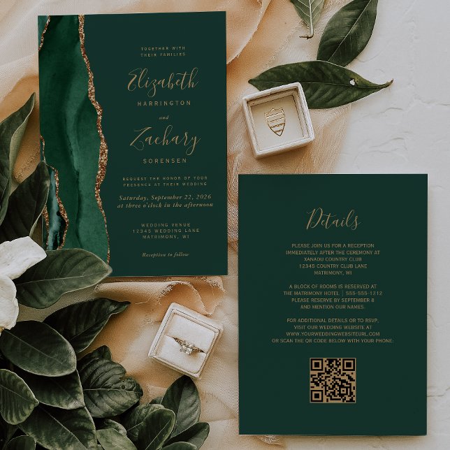 Convites Ágata Dourada Esmeralda Verde Código QR Casamento (Criador carregado)