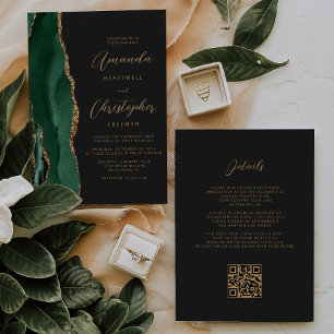 Convites Ágata Dourada Esmeralda Verde Código QR Casamento 