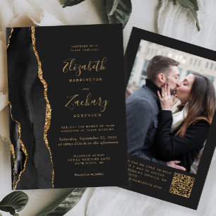 Convites Ágata Dourada Preta Código QR Foto Casamento Escur