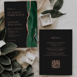 Convites Ágata Esmeralda Verde Código QR Rosa Ouro Casament