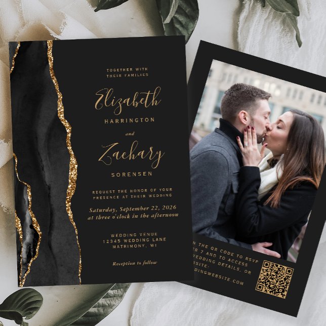 Convites Ágata Ouro Preto Código QR Foto Escura Casamento (Criador carregado)