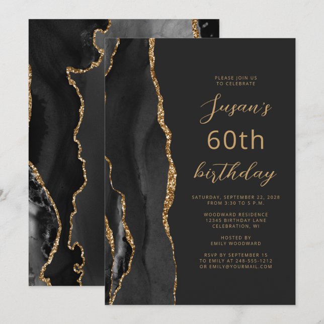 Convites Ágata Ouro Preto Lousa Script 60º Aniversário (Frente/Verso)