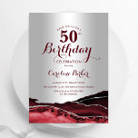 Convites Agate 50ª Festa de aniversário Red Silver Burgundy<br><div class="desc">Vermelho borrado e prata agam 50º convite de aniversário. Elegante design moderno com aquarela agate marble geode background,  faux glitter prata e tipografia. Trendy convida o cartão perfeito para uma comemoração de dia das mulheres na moda. Impressos convites Zazzle ou modelo de impressão digital instantânea para download.</div>