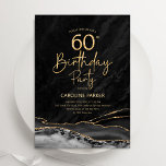 Convites Agate Black Dourado 60º aniversário<br><div class="desc">Preto e ouro agata 60º convite de aniversário. Elegante design moderno com aquarela agate marble geode background,  faux glitter gold e typografia script font. Trendy convida o cartão perfeito para uma comemoração de dia das mulheres na moda. Impressos convites Zazzle ou modelo de impressão digital instantânea para download.</div>