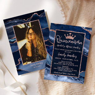 Convites Agate Blue Rosa Dourado Quinceañera Foto Espanhola
