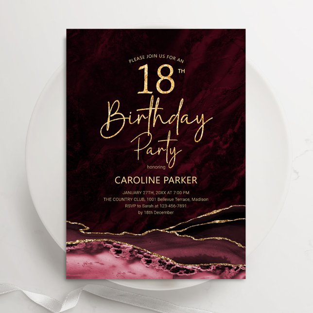 Convites Agate Burgundy Dourado 18º aniversário (Criador carregado)