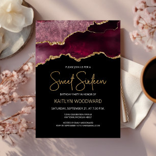 Convites Agate Dourado Burgundy Dark Sweet 16 Festa de aniv