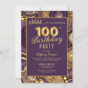 Convites Agate Dourado Púrpura Surpresa 100ª Festa de anive