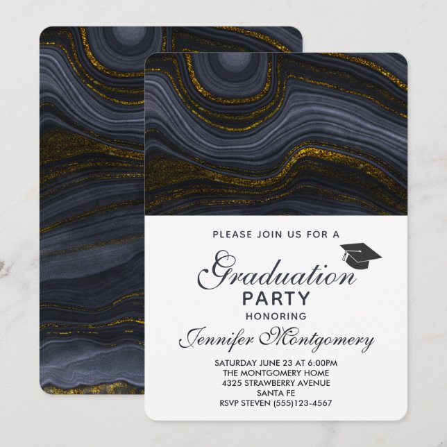 Convites Agate e Boné de formatura Dourado e preto moderno (Frente/Verso)