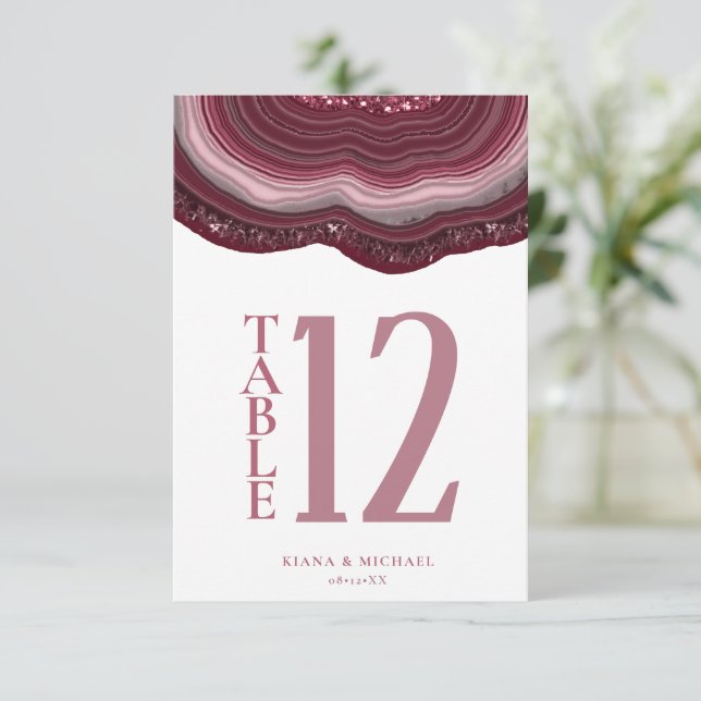 Convites Agate Geode Glitter Table Number Burgundy ID647 (Em pé/Frente)