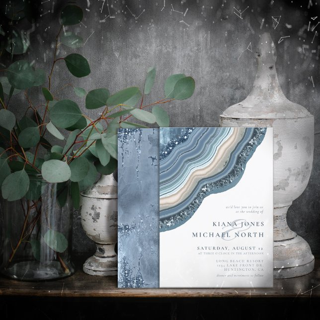 Convites Agate Geode Glitter Wedding Dusty Blue ID647 (Criador carregado)