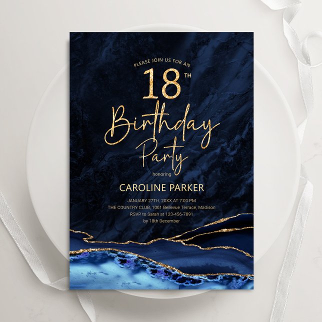 Convites Agate Marinho Azul Dourado 18º aniversário (Criador carregado)