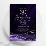 Convites Agate Purple aniversário de 30 anos<br><div class="desc">Aniversário de 30 anos convite de festas de agato roxo e prateado. Elegante design moderno com aquarela agate marble geode background, faux glitter prata e tipografia. Trendy convida o cartão perfeito para uma comemoração de dia das mulheres na moda. Impressos convites Zazzle ou modelo de impressão digital instantânea para download....</div>