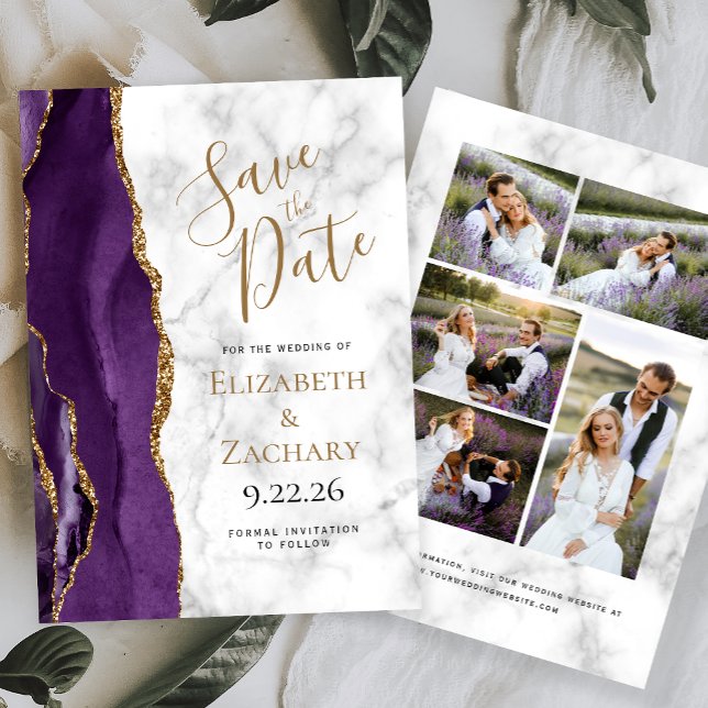 Convites Agate Purple Gold Marble 5-Photo Save the Date (Criador carregado)